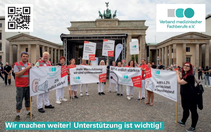 Aufruf: Der MFA-Protest geht am 8. Februar 2023 vor dem Brandenburger Tor weiter © Verband medizinischer Fachberufe e.V. (vmf) 